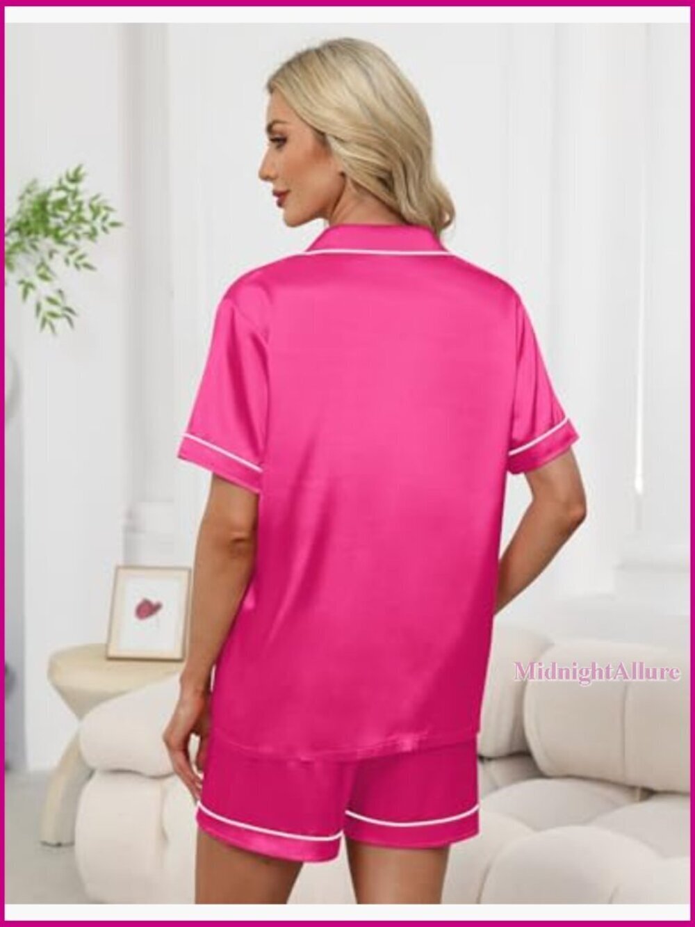Satin Pajama Set, Short Sleeve Button Down with Elastic Shorts, Size Small - Picture 5 of 7